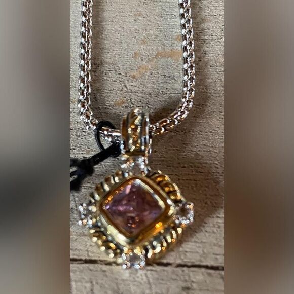 John Medeiros Womens Pendant Necklace Silver Tone Pink CZ Two Tone 16